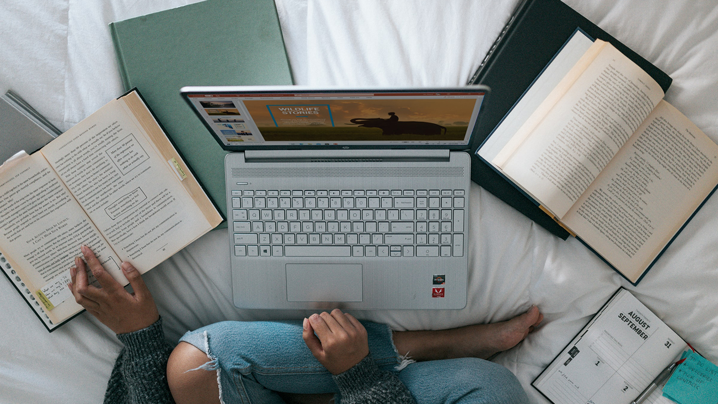 Person sitzt auf einem Bett mit Laptop und Büchern ©Windows /unsplash.com